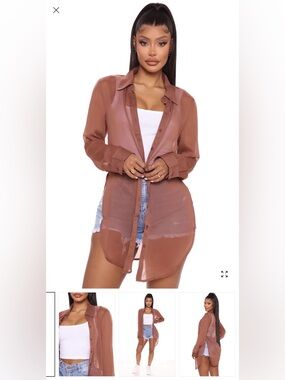 Fashion Nova Sheer Button-Down Shirt in Rust Brown